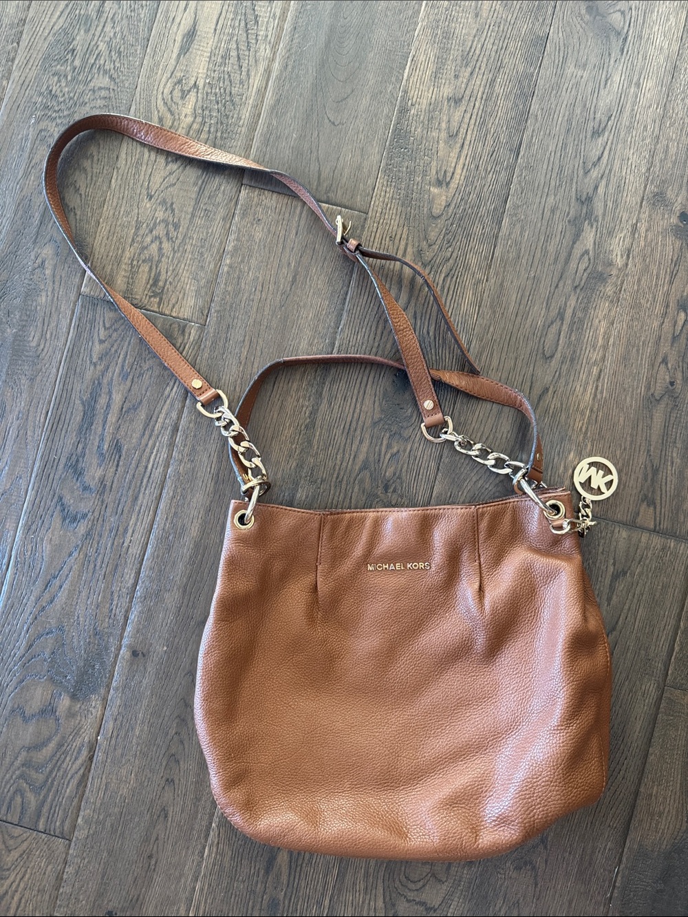 Michael Kors Brown Pebbled Leather Chain-Accent Shoulder Bag